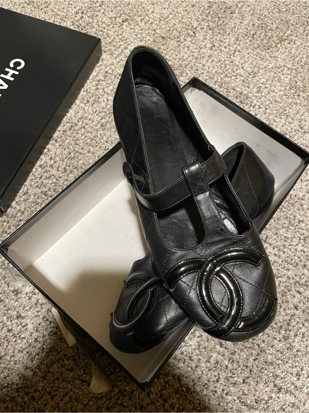 CHANEL Black Quilted Leather Mary Jane Flats with CC Logo